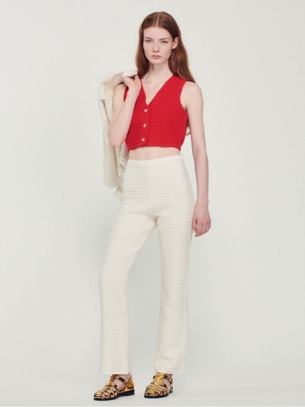 Sandro Pants Waffle Knit Braided Trim Tweed Trousers in White